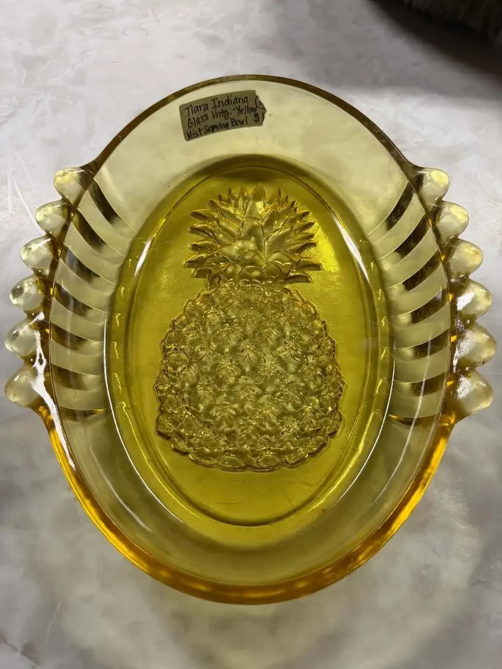 Tiara Indiana Glass Yellow Mist Pineapple Oval Serving Bowl